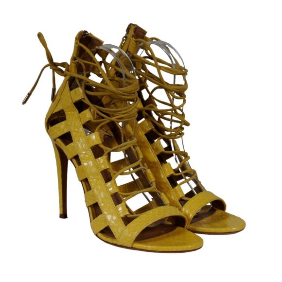 Aquazzura Womens Lace Up Open Toe Sandals EU 40 US 10 Yellow Python Heel